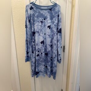 Sonoma Blue Tie-Dye Sleepwear Dress Heart Accents Long Sleeve Soft Fabric NWT